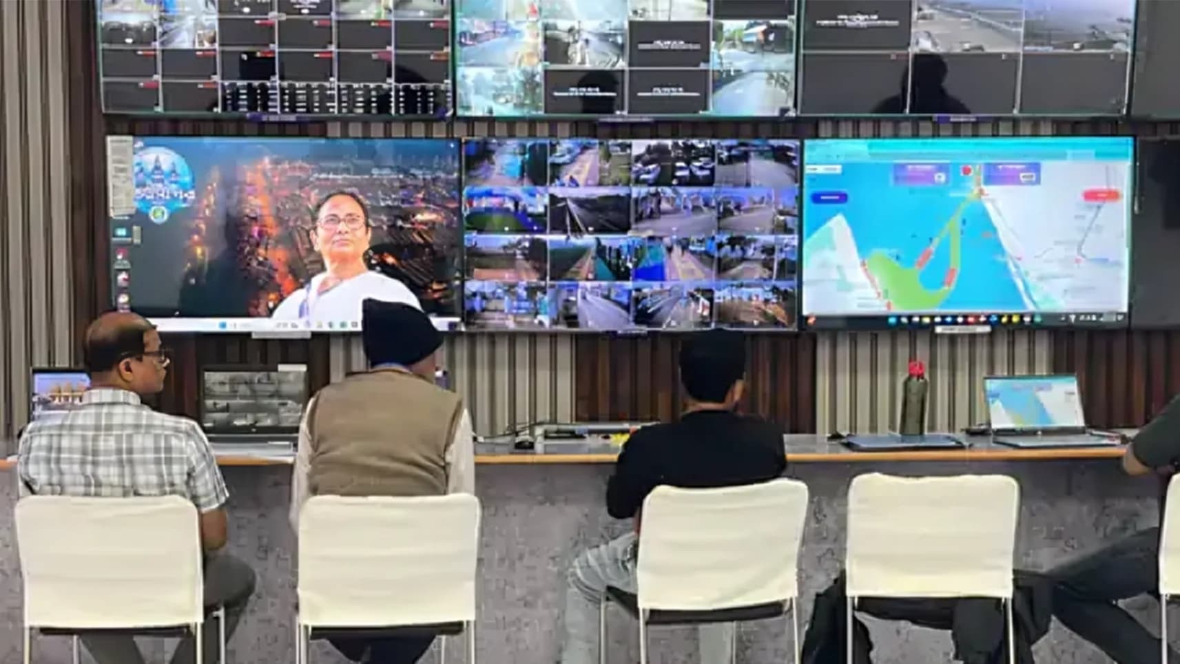 Control room monitoring live camera feeds across zones
