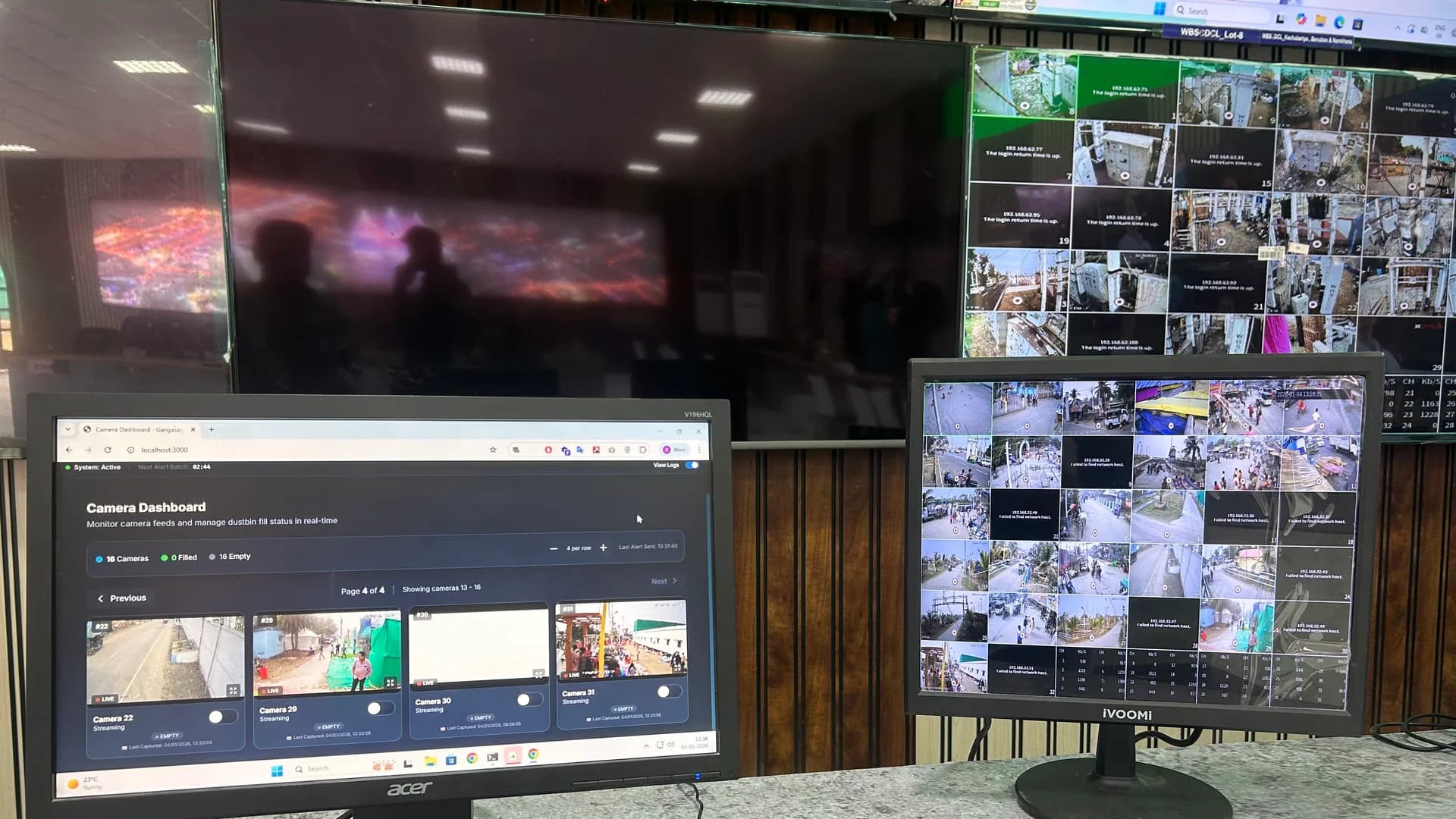 AI sanitation monitoring dashboard showing live camera feeds