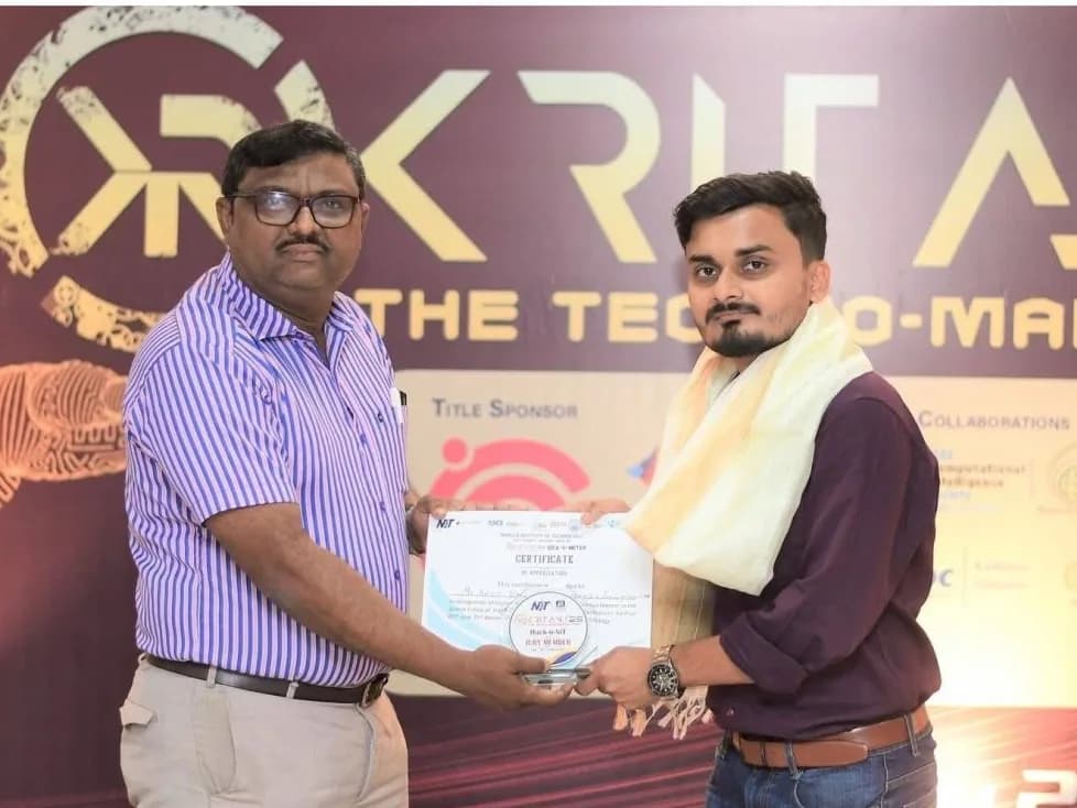 Aeonix receiving a certificate at the Kriya techno-management fest