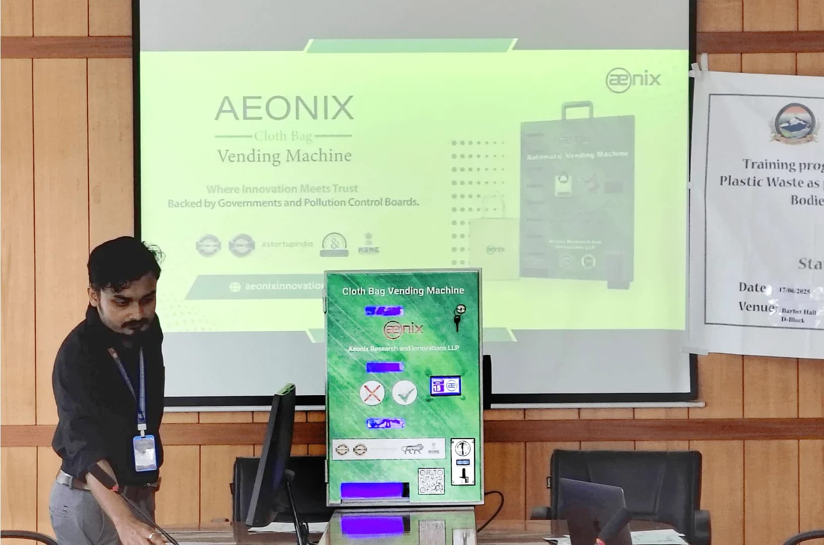 Presenting the Aeonix cloth bag vending machine at a training programme